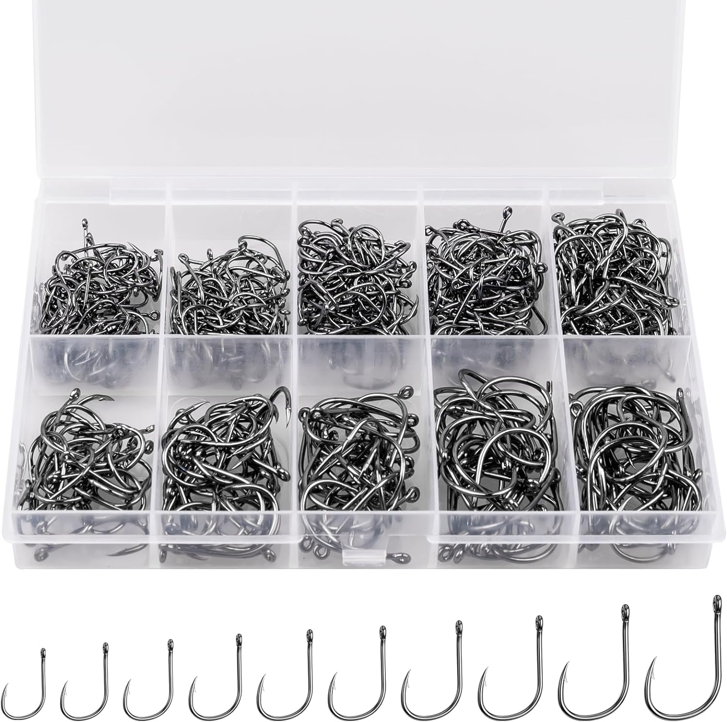 500PCS/100PCS ReeMoo Premium Fishing Hooks, 10 Sizes/4 Sizes Carbon Steel Fishing Hooks W/Portable Plastic Box, Strong Sharp Fish Hook with Barbs for Freshwater/Seawater