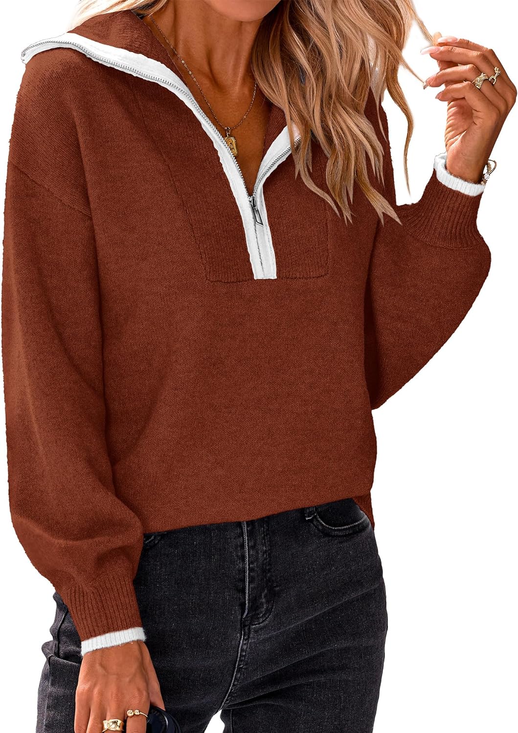 BTFBM Women' 2024 Fall Winter Half Zip Pullover Sweaters Casual V Neck Long Sleeve Ribbed Knit Loose Jumper Tops