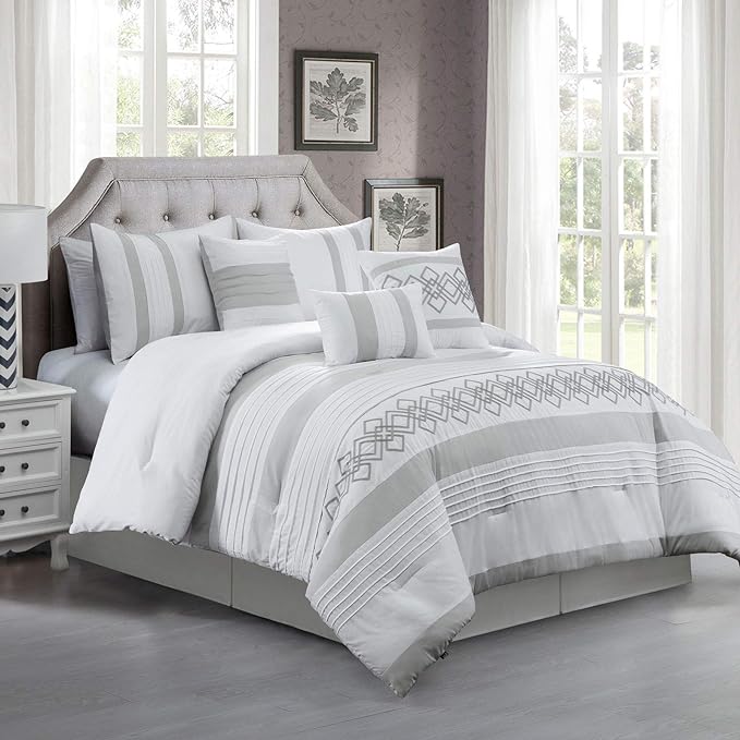 Chezmoi Collection Ariel 7-Piece Gray White Geometric Chenille Embroidery Pleated Striped Comforter Set, Full Size