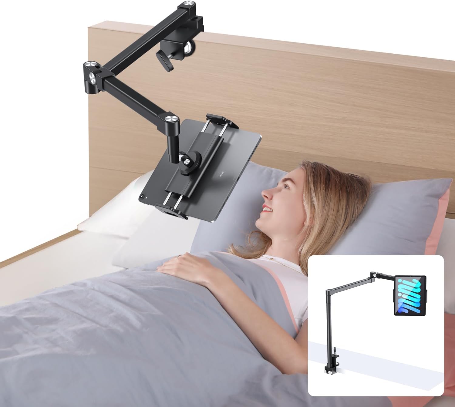 elitehood iPad Holder for Bed, Fully Adjustable Desk iPad Stand Holder [Heavy Duty Aluminum], Foldable Arm iPad Pro Holder for Watching Reading Working, Compatible with 4.7-13 inch Tablets, Kindle