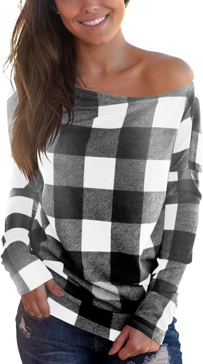 Cosonsen Women' Off Shoulder Top Long Sleeve Plaid Tee Shirt Blouse