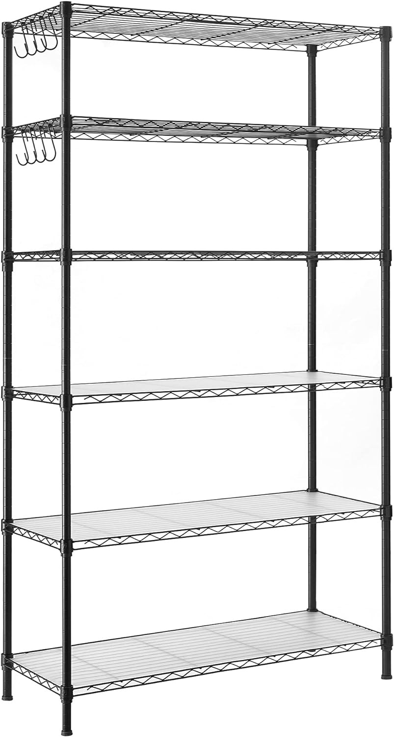 SONGMICS Garage Shelving, 6-Tier Wire Shelving Unit, Kitchen Storage Rack with Adjustable Shelves, Shelf Liners, 8 Hooks, Total Max. Load 528 lb, for Living Room, Garage, Black ULGR096B01