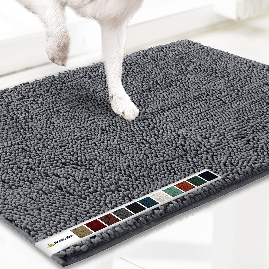 Muddy Mat AS-SEEN-ON-TV Highly Absorbent Microfiber Dog Door Mat and Pet Rug, Non Slip Thick Washable Area and Bath Mat Soft Chenille for Kitchen Bathroom Bedroom and Indoor - Grey Medium 30X19