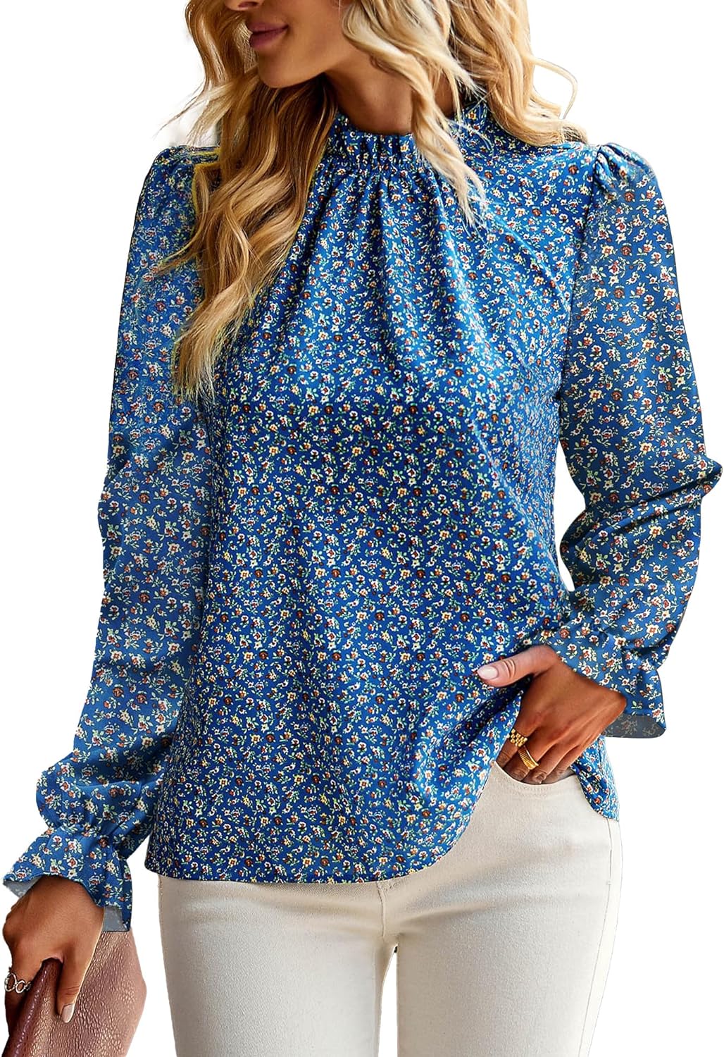 BTFBM Womens Long Sleeve Blouses Spring Summer 2024 Casual Boho Tops Frill Trim Mock Neck Floral Print Shirts Blouse Top