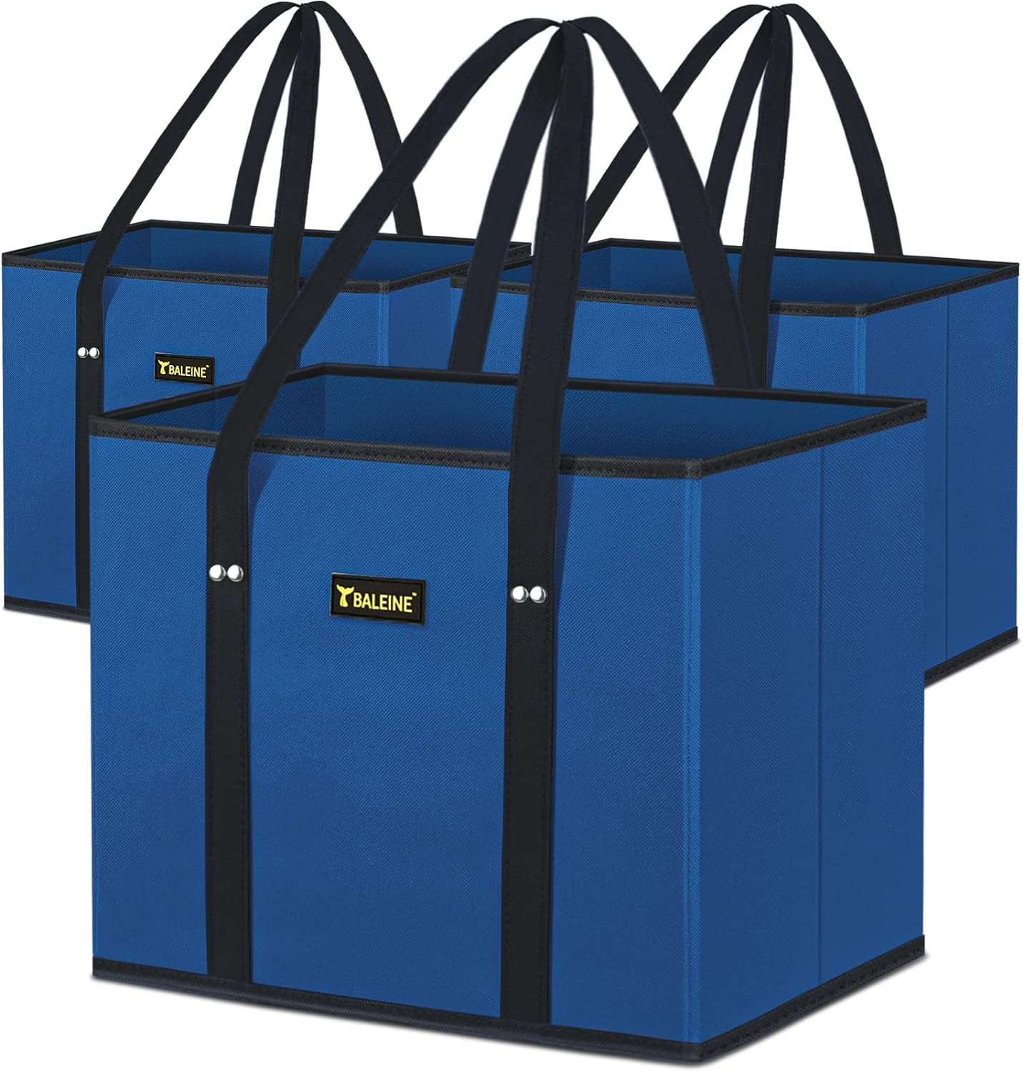 BALEINE 3Pk Reusable Grocery Bags, Foldable Shopping Bags for Groceries with Reinforced Bottom & Handles (Blue)