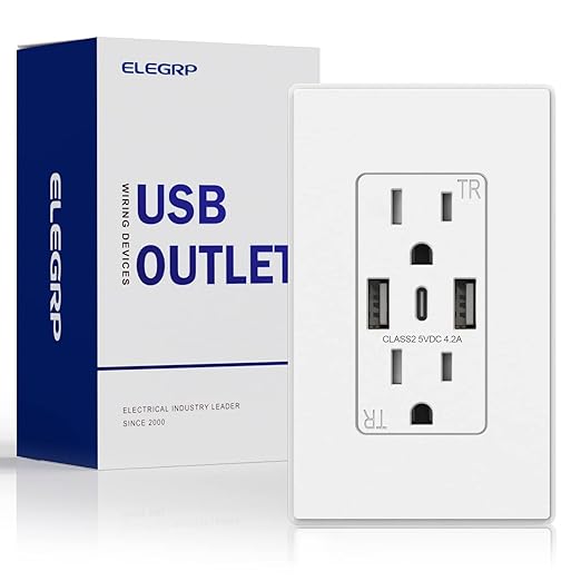 ELEGRP USB Wall Outlets, 3-Ports USB C Wall Outlets Receptacles, Matte White 15 Amp Outlets with USB Ports, Tamper-Resistant USB Outlets, Screwless Wall Plate Included, UL & CUL Listed, 1 Pack