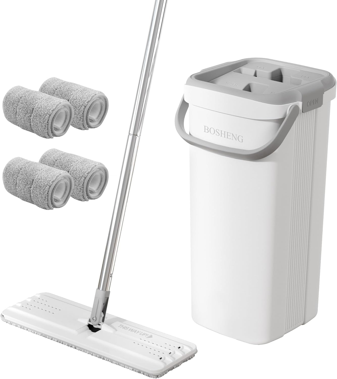 Mop and Bucket with Wringer Set, Flat Floor Mop and Bucket, with Long Handle and 4 Microfiber Reuseable Pads, Wet and Dry Use for Household Cleaning and Floor Cleaning