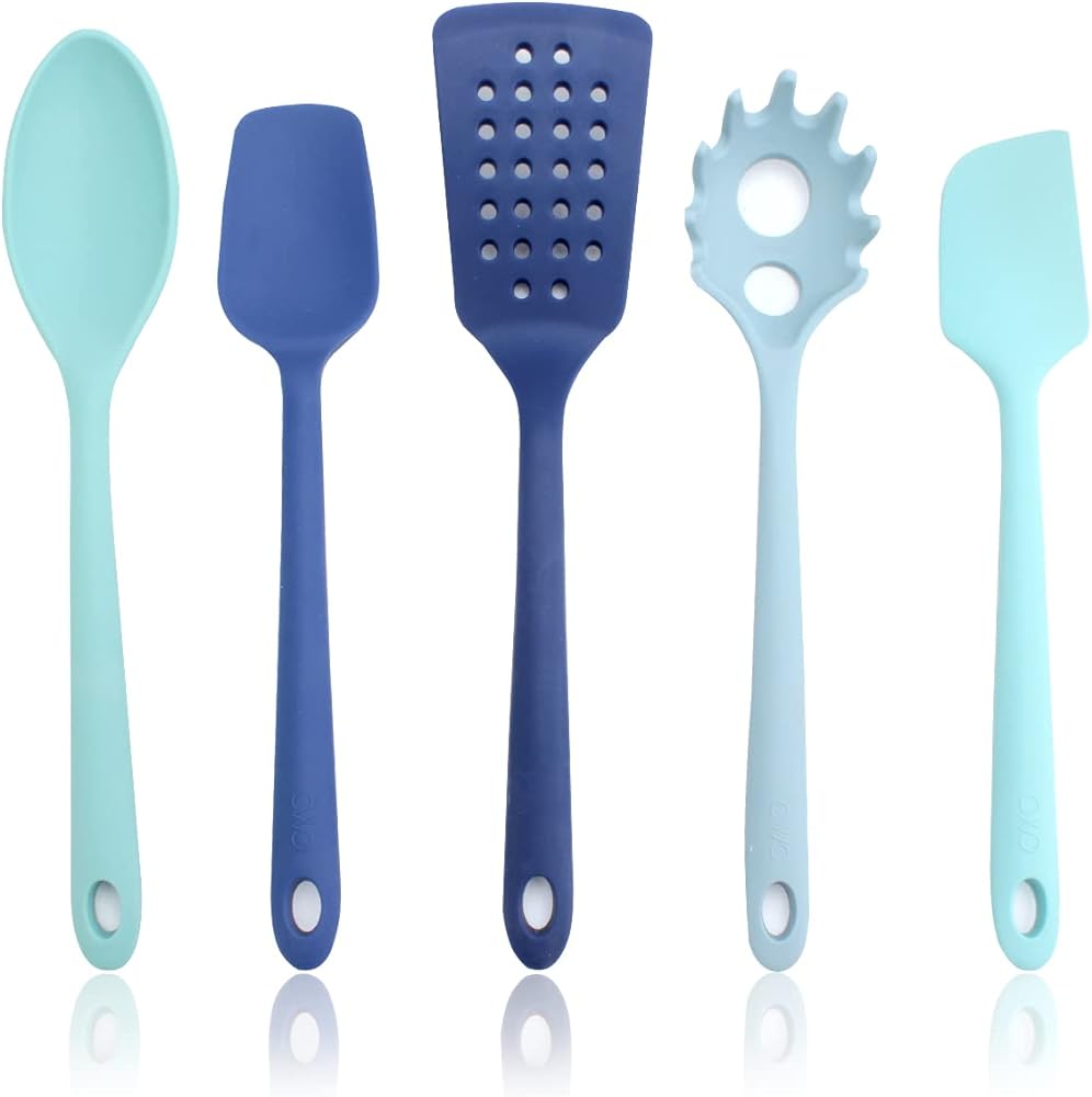 COOK WITH COLOR 5 Pc Silicone Utensils Set - Non-Stick, Heat Resistant Silicone Cooking Tools for Cooking, Baking and BBQ - BPA Free and Dishwasher Safe (Blue)