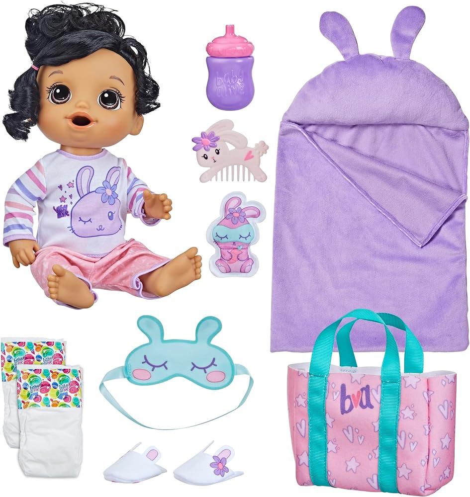 Baby Alive Bunny Sleepover Baby Doll, Bedtime-Themed 12-Inch Dolls, Sleeping Bag & Bunny-Themed Doll Accessories, Toys for 3 Year Old Girls and Boys and Up, Brown Hair (Amazon Exclusive)