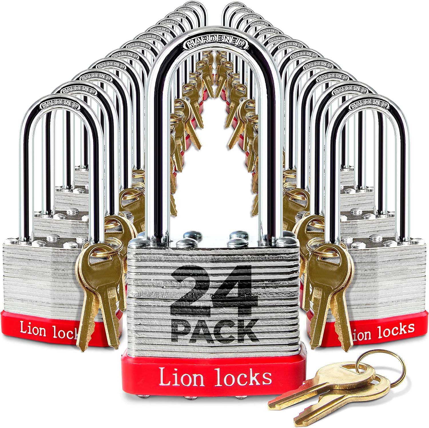 24 Keyed Alike Padlocks with 2 Long Shackle, 48 Keys - Padlocks for Outdoor Use, Locks with Keys, Hardened Steel Case, Pick Resistant Brass Pin Cylinder for Hasp Latch, Locker, Gate