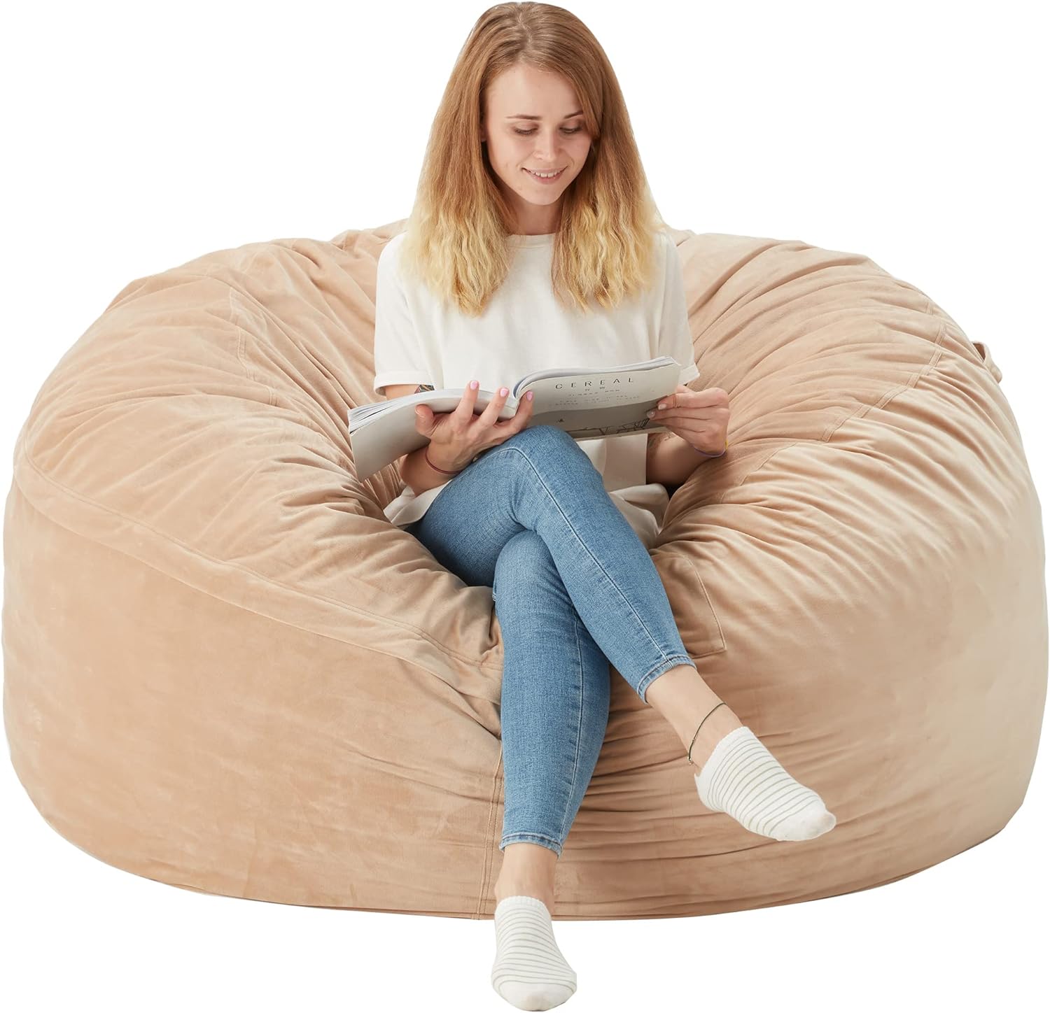 Homguava Bean Bag Chair: Large 5' Bean Bags with Memory Foam Filled, Large Beanbag Chairs Soft Sofa with Dutch Velet Cover-56×56"×36" (Khaki)