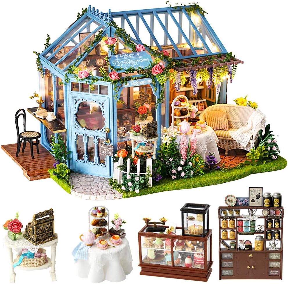 CUTEBEE Dollhouse Miniature with Furniture, DIY Dollhouse Kit Plus Dust Proof and Music Movement, 1:24 Scale Creative Room for Valentine' Day Gift Idea (Rose Garden Tea House)