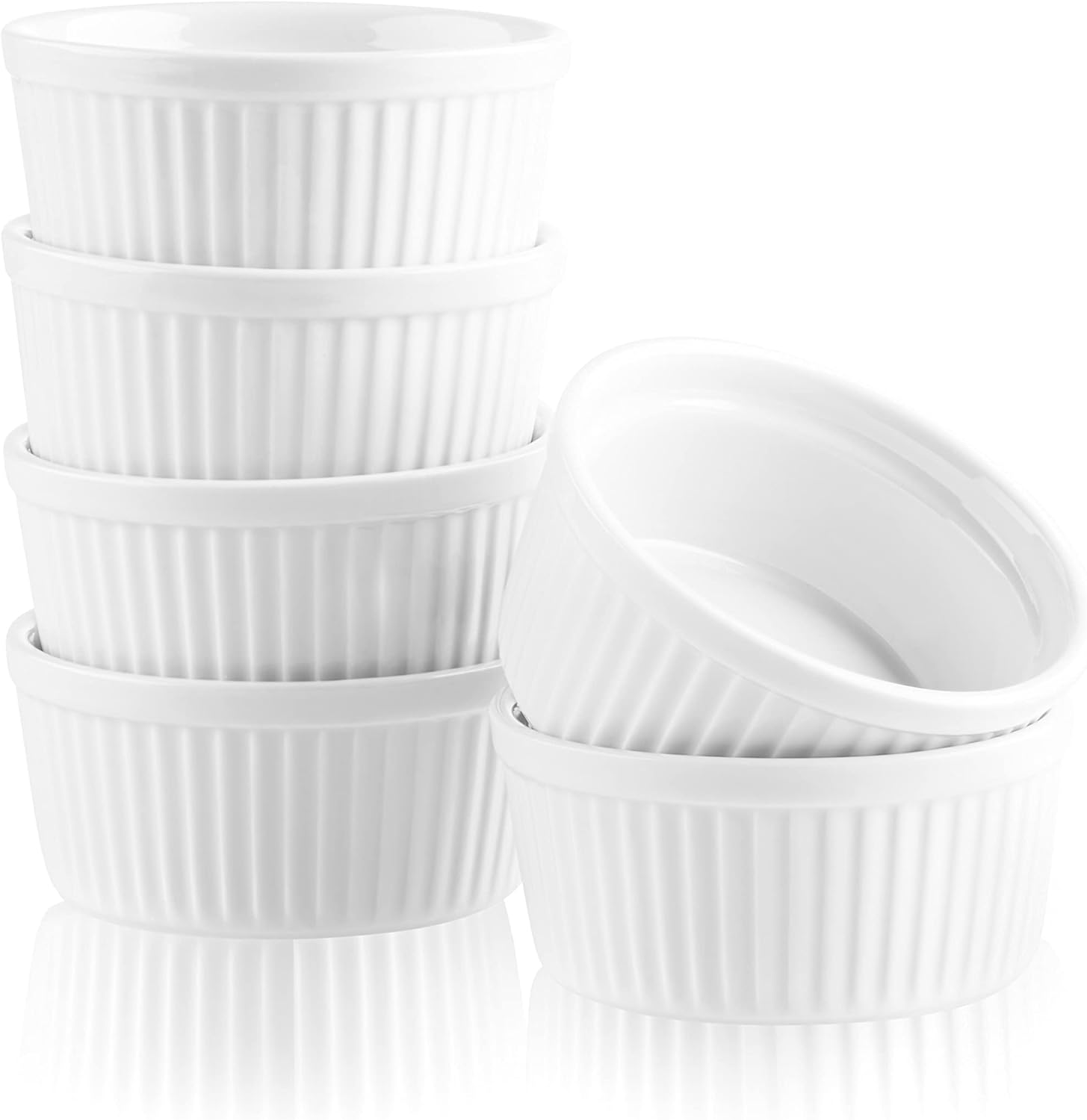 Bellemain Creme Brulee 4 oz Ramekins | Mini Casserole Dish Set, Charcuterie Bowls, Pot Pie Baking Dishes, Souffle Cups, Soy Sauce Bowls | Fluted Porcelain Bowls, Oven Safe to 500F, Set of 6 (White)