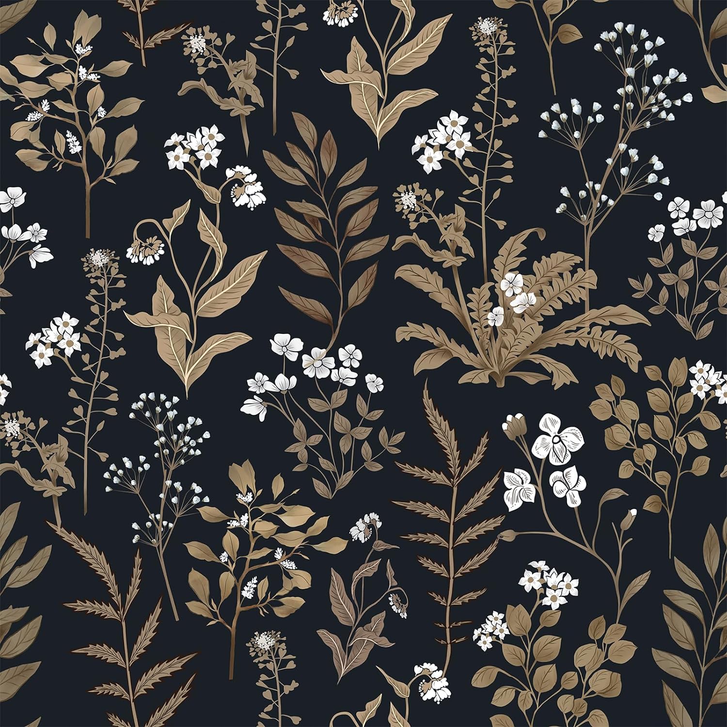 Abyssaly Vintage Floral Wallpaper Peel and Stick Boho, Black and Gold Academic Contact Paper, Self Adhesive Removable Moody Wallpaper for Wall Cabinets 17.7 in X 118 in