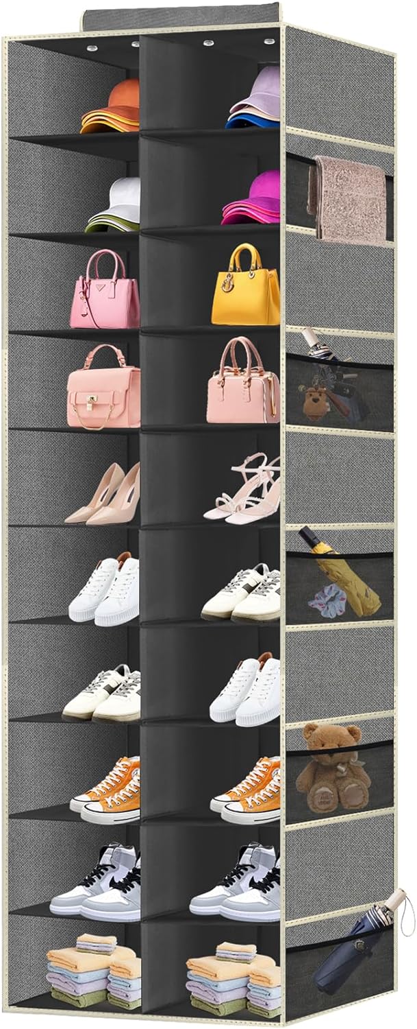 VERONLY 20 Sections Hanging Shoe Organizer for Closet, Fabric Closet Hanging Shoe Storage Rack Shelves, Collapsible Shoe Holder with 10 Side Pockets for Shoes,Closet,Hats, Handbags, Clothes(Black)
