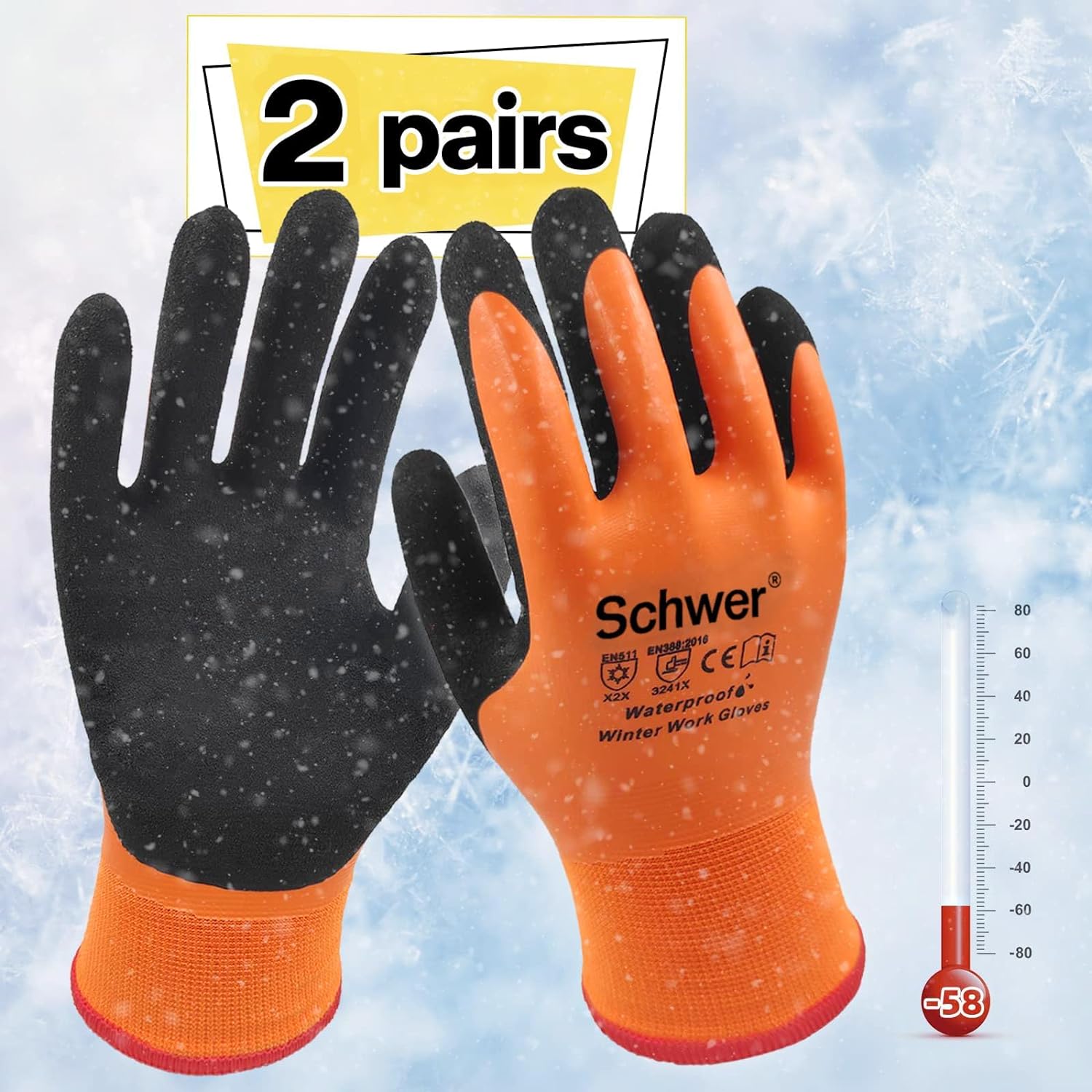 Schwer 2 Pairs FreezeGuard Waterproof Work Gloves PM3302, ANSI A2 Cut Resistant Freezer Gloves for Outdoor Cold Weather Keep Hands Warm, Waterproof Gloves for Shoveling Snow Ice Fishing Touchscreen, M