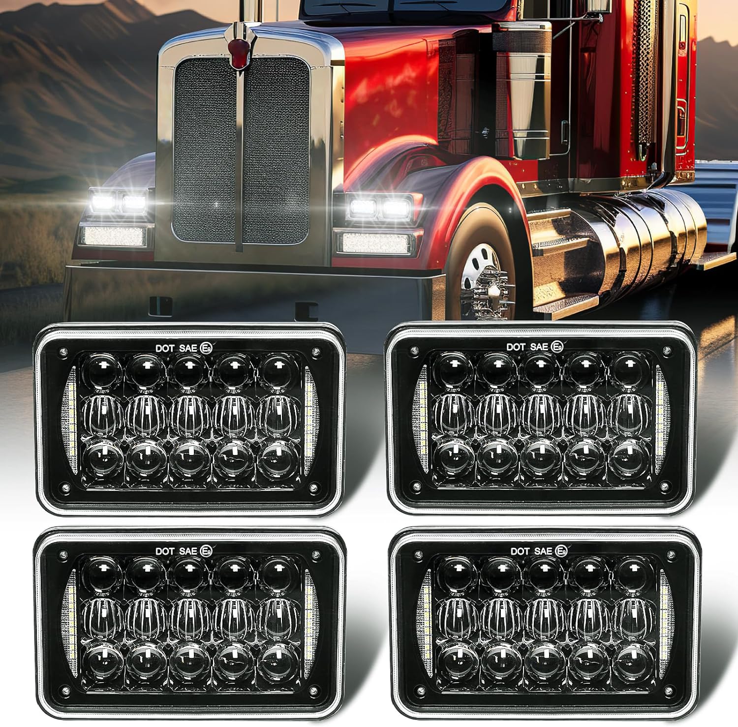 DOT Approved 60w 4x6 inch LED Headlights Rectangular Replacement H4651 H4652 H4656 H4666 H6545 with DRL Compatible with Peterbil Kenworth Freightinger Ford Probe Chevrolet Trucks