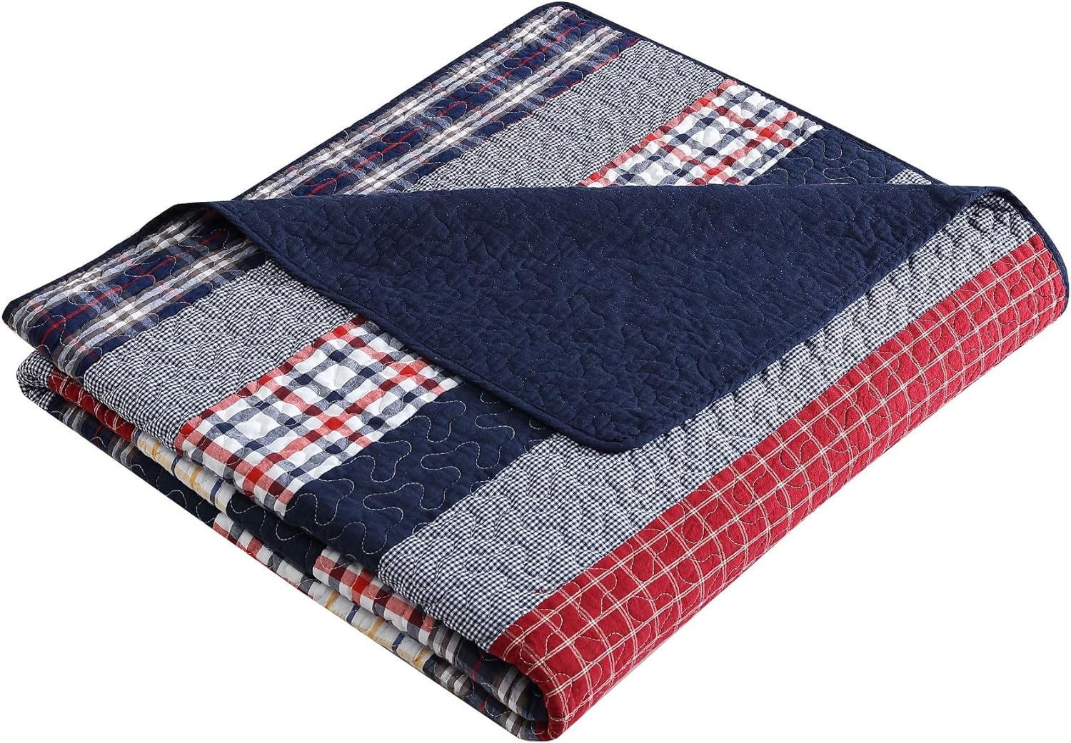 Chezmoi Collection Milton 1-Piece Plaid Checkered Patchwork Striped Quilted 100% Washed Cotton Reversible Throw Blanket