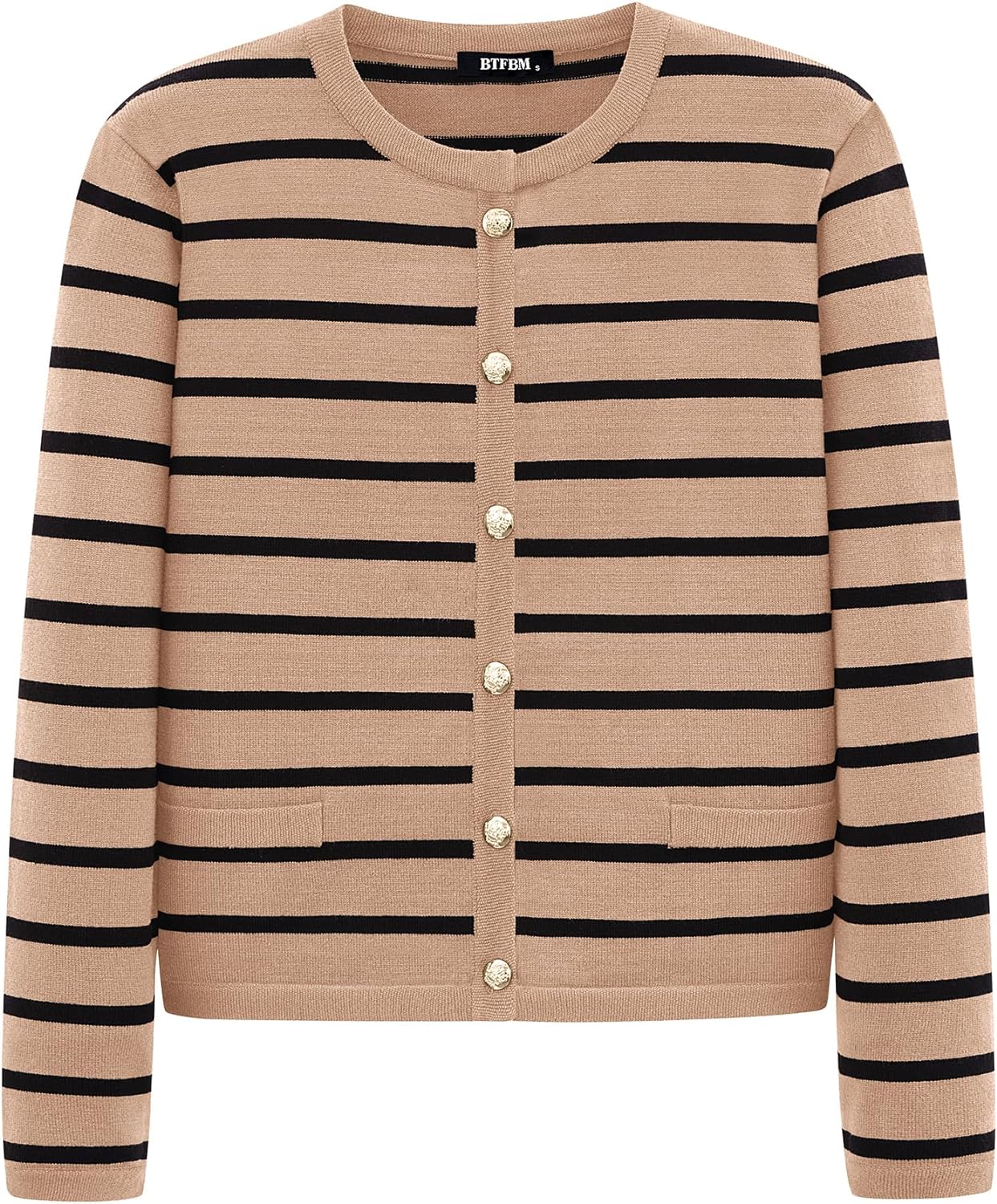 BTFBM Women' Cardigans Sweater 2024 Spring Striped Long Sleeve Button Down Crop Open Front Knit Outerwear Deco Pockets