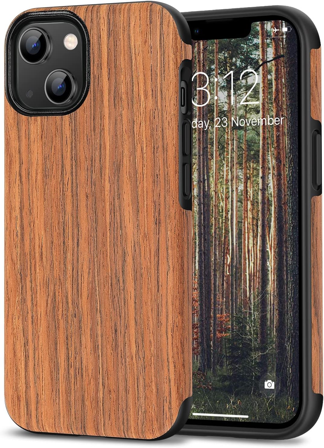 TENDLIN Compatible with iPhone 14 Case Wood Grain Outside Design TPU Hybrid Case (Red Sandalwood)