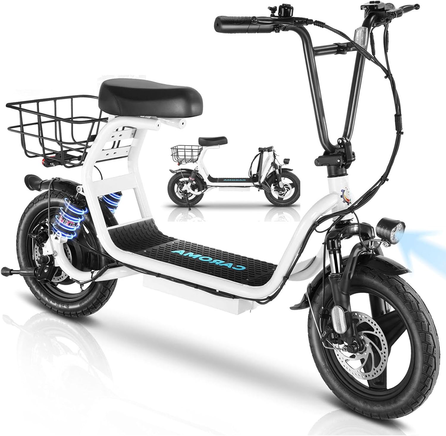 Caroma Peak 1200W Electric Scooter with Seat, 14 Fat Tire Electric Scooters for Adults, 500Wh Battery up to 30 Miles&20MPH, Foldable Adult Electric Bike for Commuting with Basket&Shock Absorbing