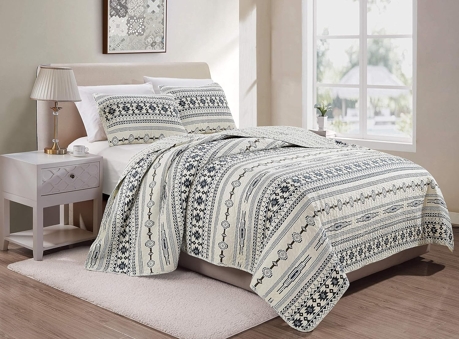 Chezmoi Collection Colby 3-Piece Western Quilt Set - Geometric Tribal Ivory Navy Brown Red Printed Pre-Washed Reversible Microfiber Bedspread Set, Queen Size