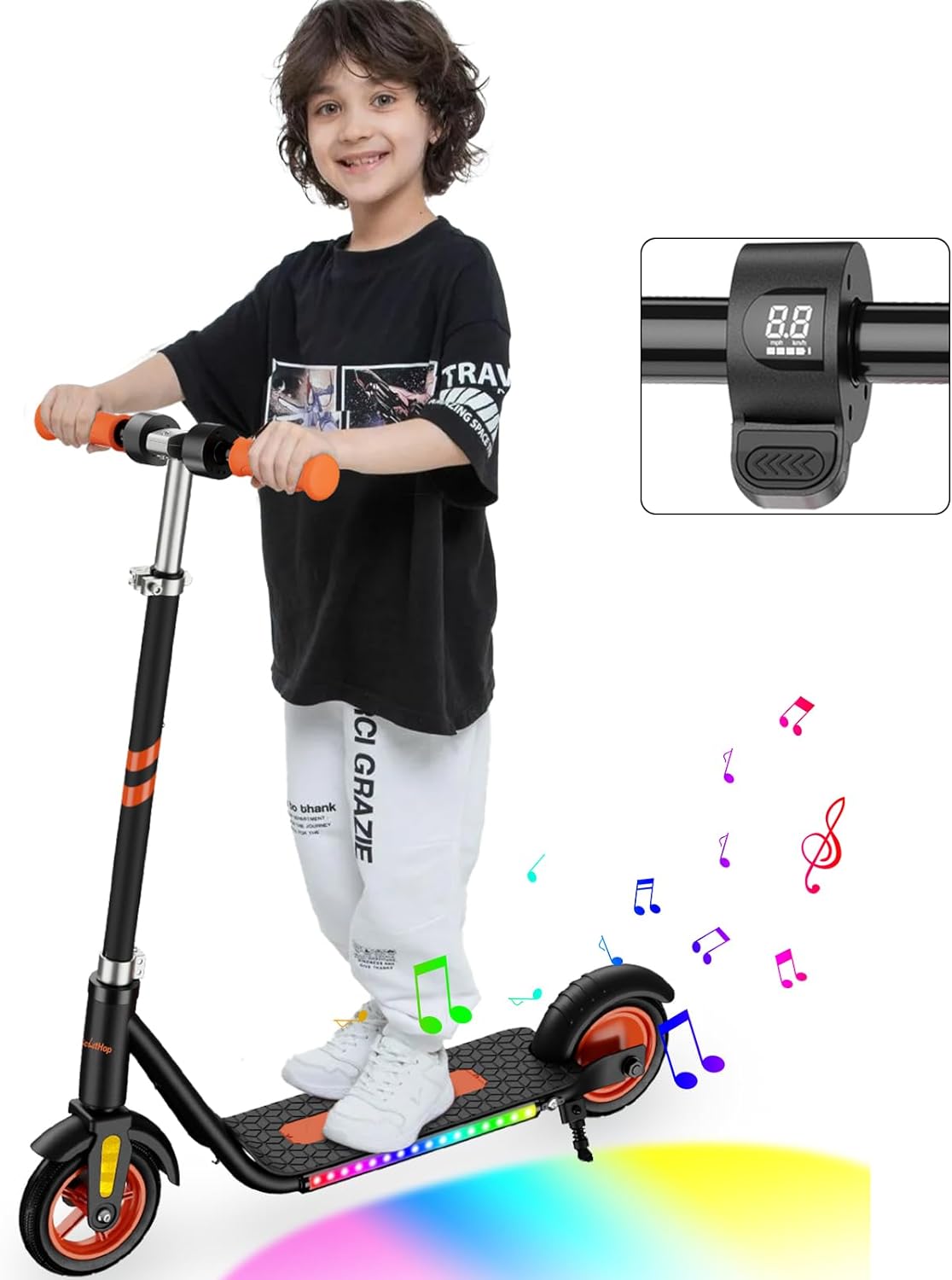 Electric Scooter for Kids Ages 6+, Led Display, Colorful Lights, Bluetooth Music Speaker, 4 Height Adjustable, 150w Hub Motor, Up to 10 mph, 60 mins Ride Time, Best Gift Ideas for Boys and Girls