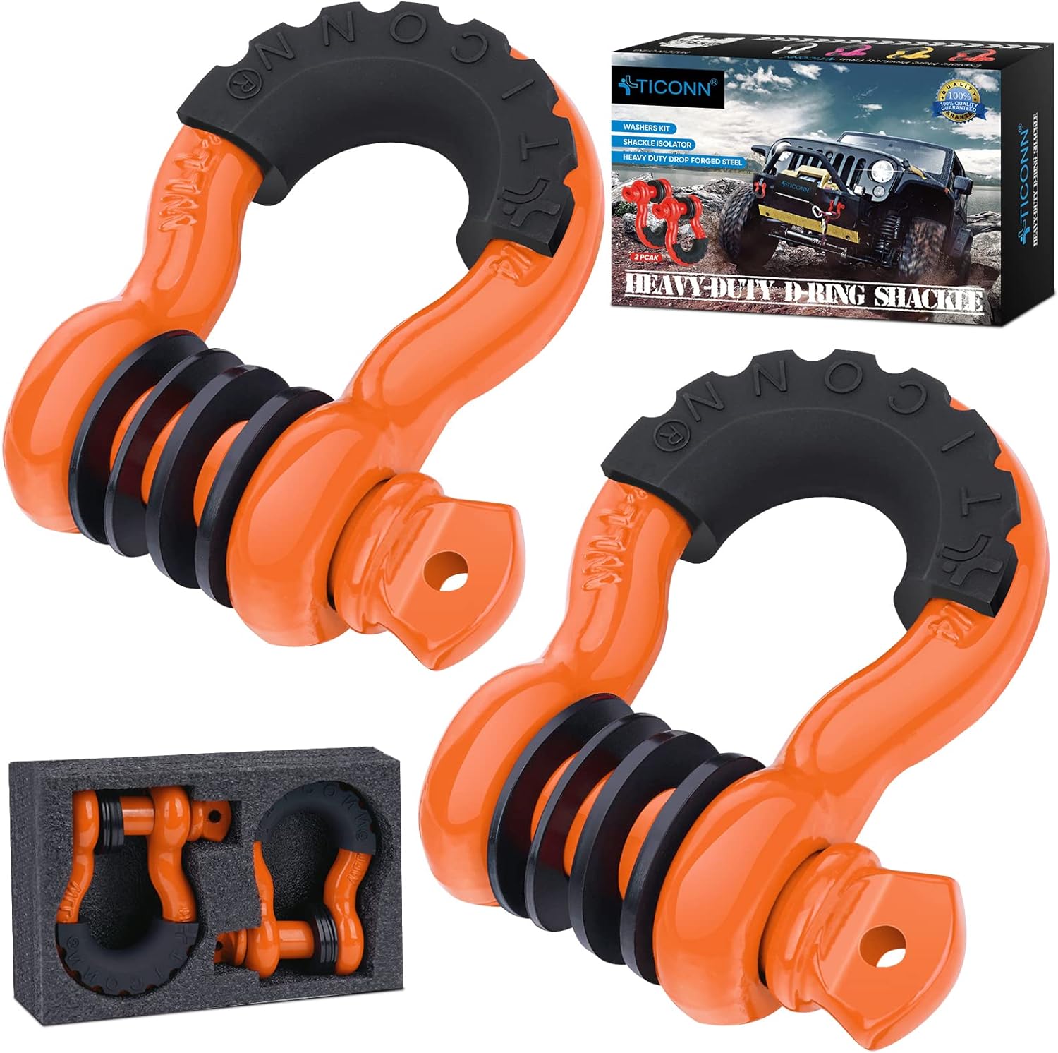 TICONN 2 Pack D Ring Shackle with 7/8 Screw Pin 57,000Ibs Break Strength, 3/4 Heavy Duty Shackles with Isolator & Washers for Tow Strap Winch Off Road Vehicle Recovery (Orange/Black)