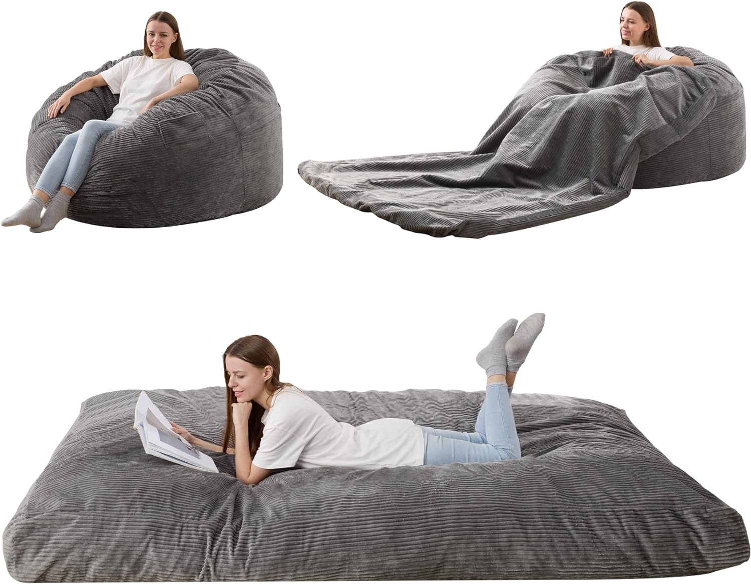 HABUTWAY Bean Bag Chair, Giant Bean Bag Chair with Washable Corduroy Cover Ultra Soft, Convertible Bean Bag from Chair to Mattress, Huge Cordoroys Bean Bags for Adult, Couples, Family - Grey Queen