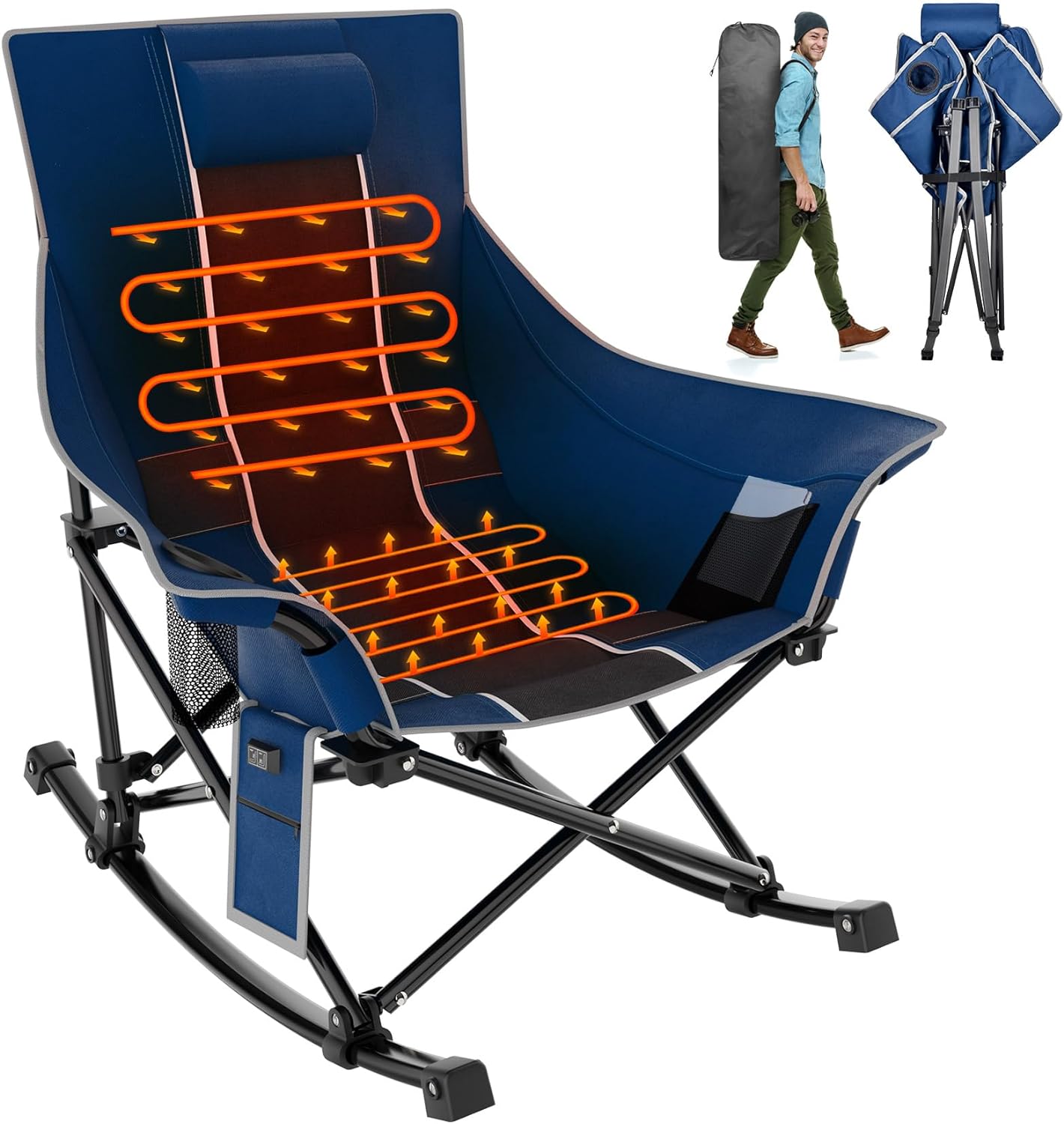 Suteck Oversized Heated Camping Chair, XL Rocking Camping Chair W/3 Heat Levels for Back & Seat, Portable Folding Heated Chairs Outdoor Sports for Patio Lawn Outdoor Travel, Power BankNot Included