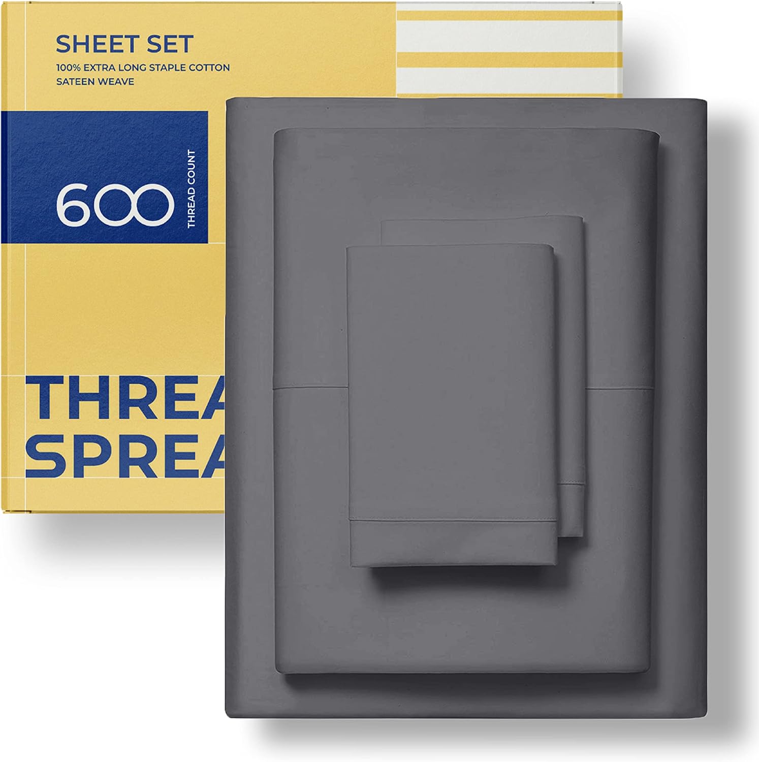 THREAD SPREAD Luxury Sheets 600 Thread Count - Egyptian Cotton Quality Twin Size Sheet Set - Deep Pocket Fitted Bedding Sheets & Pillowcases - 3 Pc Breathable - Dark Grey Sheets for Boys & Girls