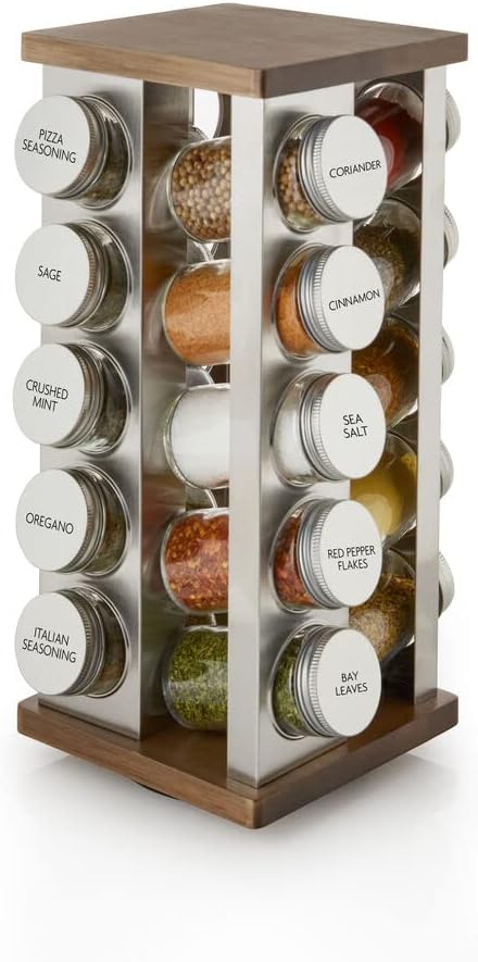 Kamenstein 20 Jar Vintage Revolving Countertop Spice Rack Organizer with Spices Included, FREE Spice Refills for 5 Years, Wood and Stainless Steel with Metal Caps