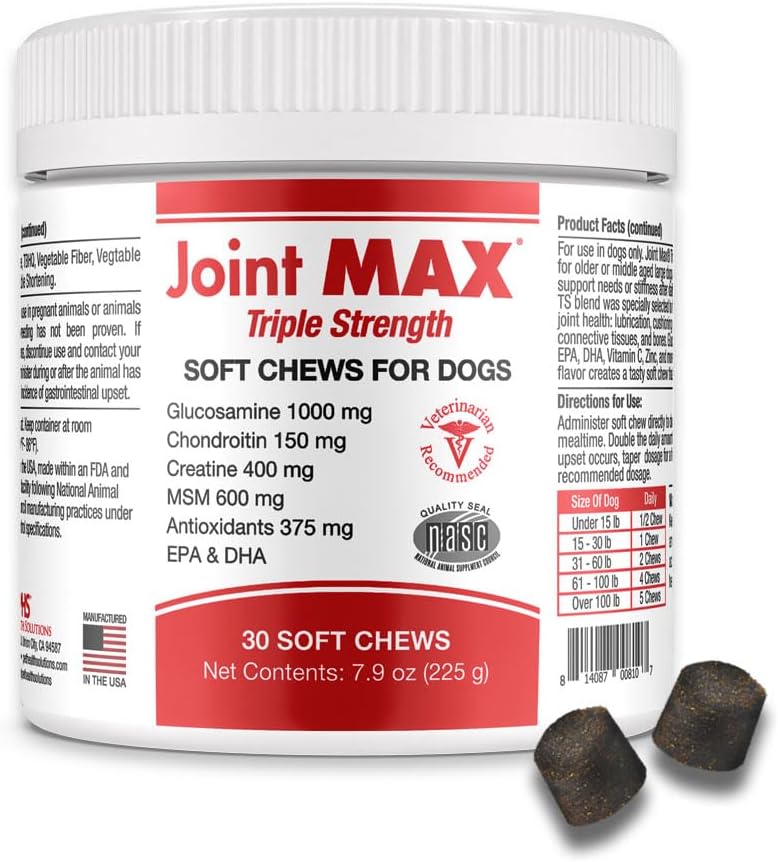 PHS Joint MAX Triple Strength (TS) Soft Chews for Dogs - Glucosamine, Chondroitin, MSM, Turmeric, Omega 3 - Hip and Joint Pain Relief and Support for Dogs - Made in USA - 30 Soft Chews