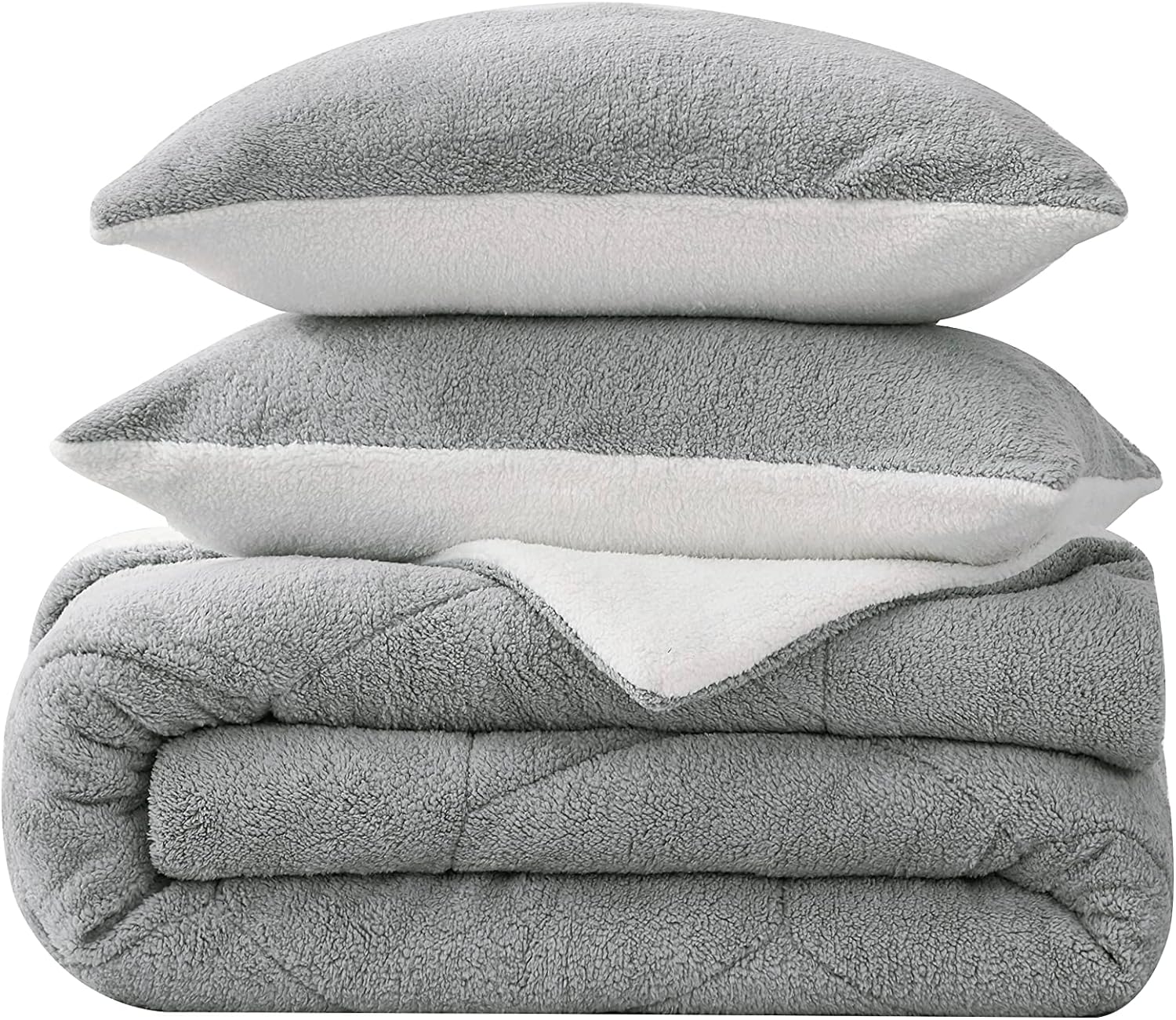 Chezmoi Collection Wynne 3-Piece Honeycomb Sherpa Comforter Set - Double Sided Reversible Sherpa Bedding - Full, Gray