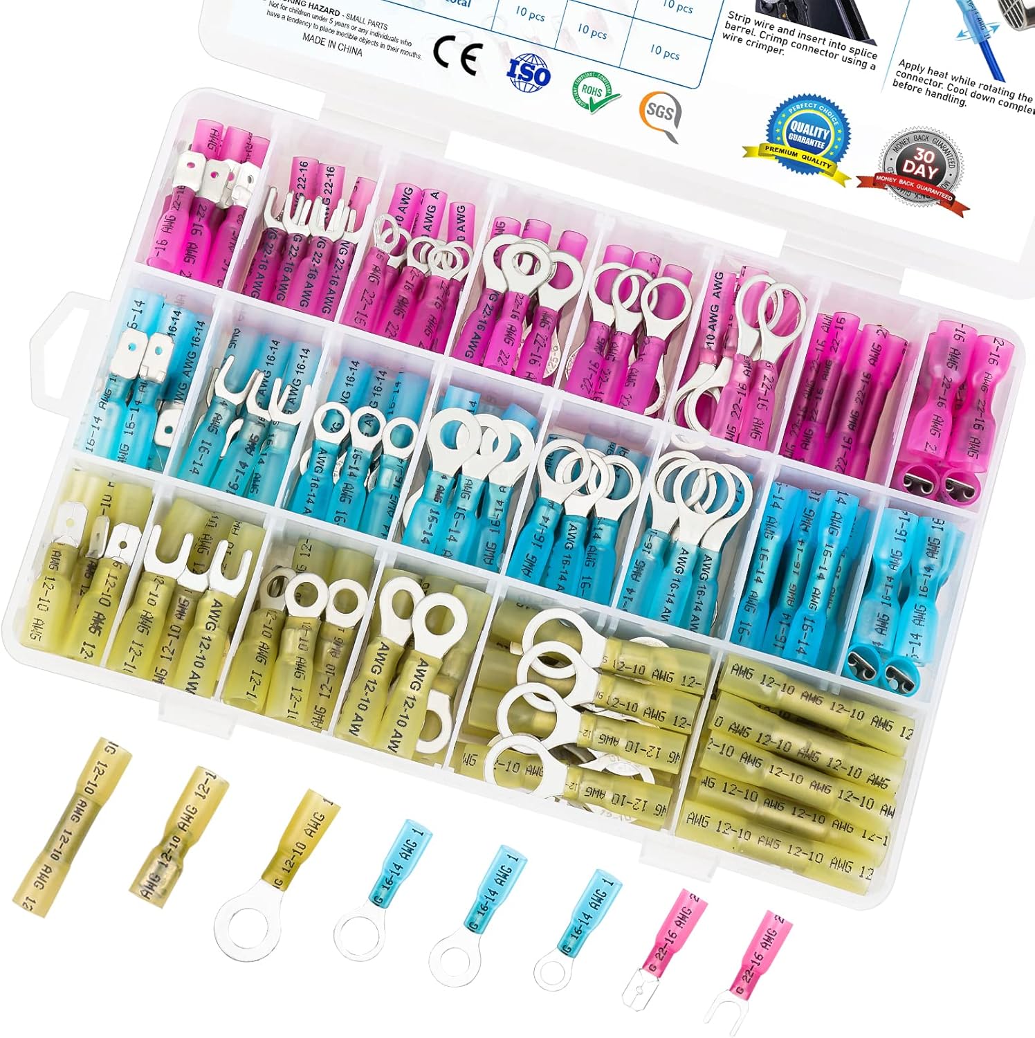 TICONN 250Pcs Heat Shrink Wire Connectors, Waterproof Automotive Marine Electrical Terminals Kit, Crimp Connector Assortment, Ring Fork Spade Splices