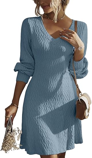 Dokotoo Work Dresses for Women 2024 Trendy Fall Dresses V Neck Knit A Line Long Sleeve Dress Sweater Dress