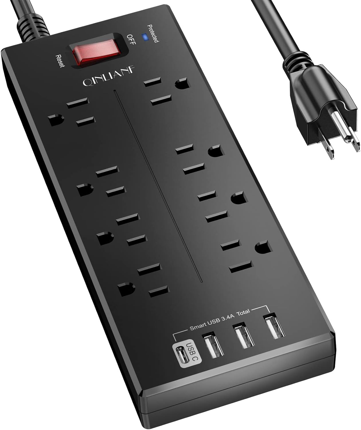 Surge Protector Power Strip - QINLIANF 6 Ft Extension Cord with 8 Outlets and 4 USB Ports, (1625W/13A), 2100 Joules, ETL Listed, Black