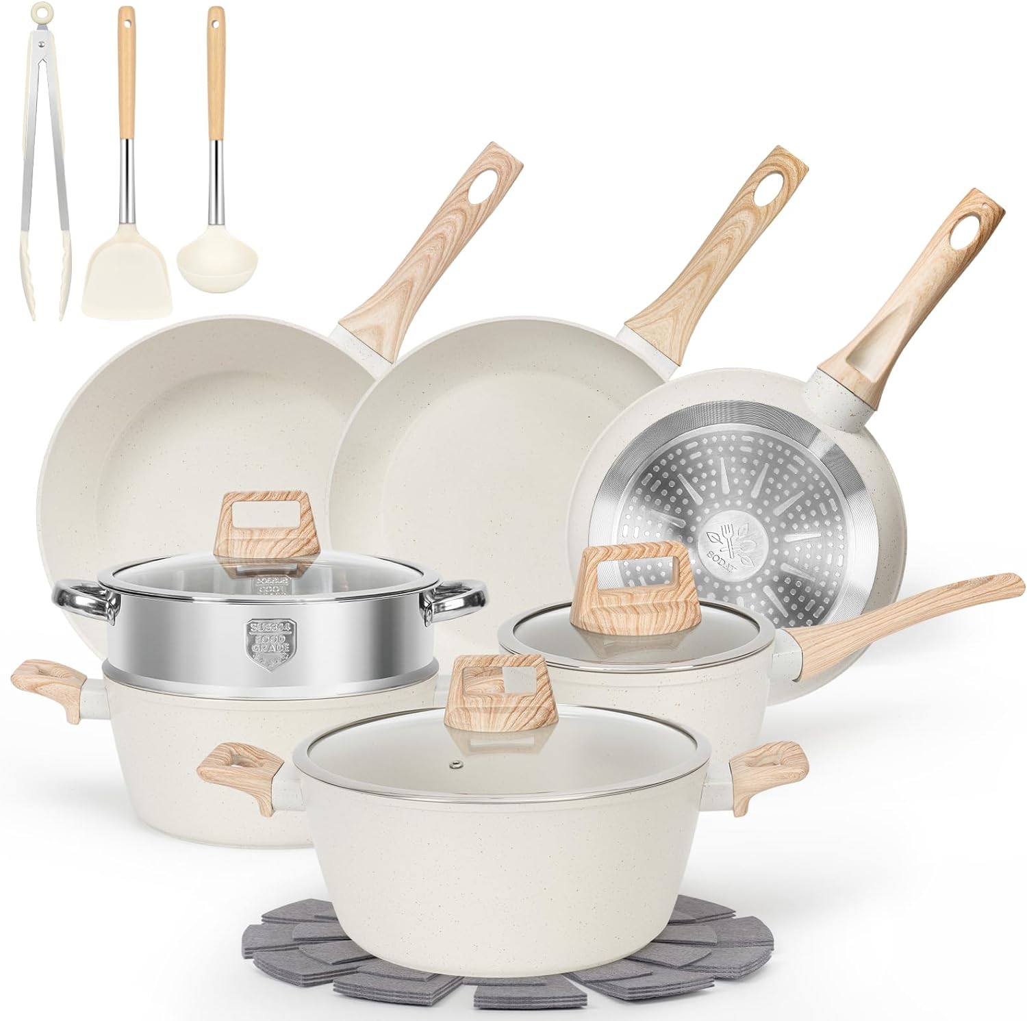 The cooking set includes a versatile range of pots and pans, catering to all your cooking needs.From sauteing and simmering to boiling and frying, these kitchen essentials aredesigned for optimal performance.