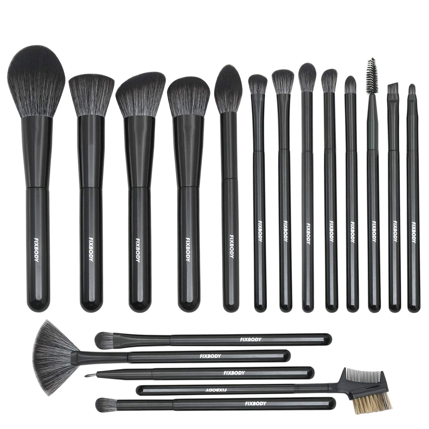 FIXBODY Makeup Brush Sets - 18PCS Wood Handle Soft Synthetic Fiber Hair Kabuki Powder Blush Liquid Eyeliner Eyeshadow Lip Eyebrow Brush (Black)