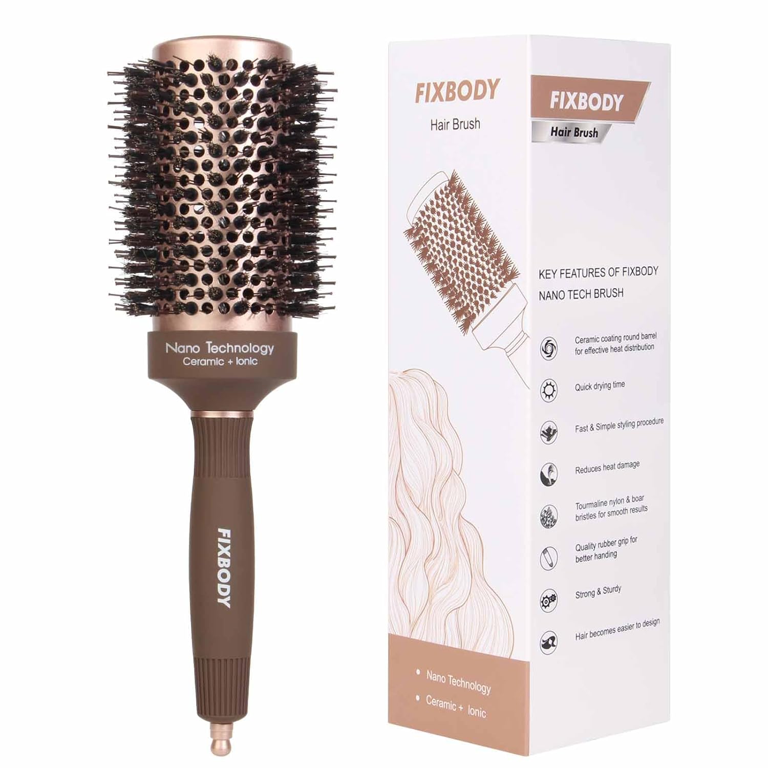 FIXBODY Round Brush, Nano Thermal Ceramic & Ionic Tech, Round Brush for Blow Drying, Curling, Styling, Hair Brush for Women, Volume & Shine (3.3 inch, Barrel 2 inch), Round Brush for Blow Out