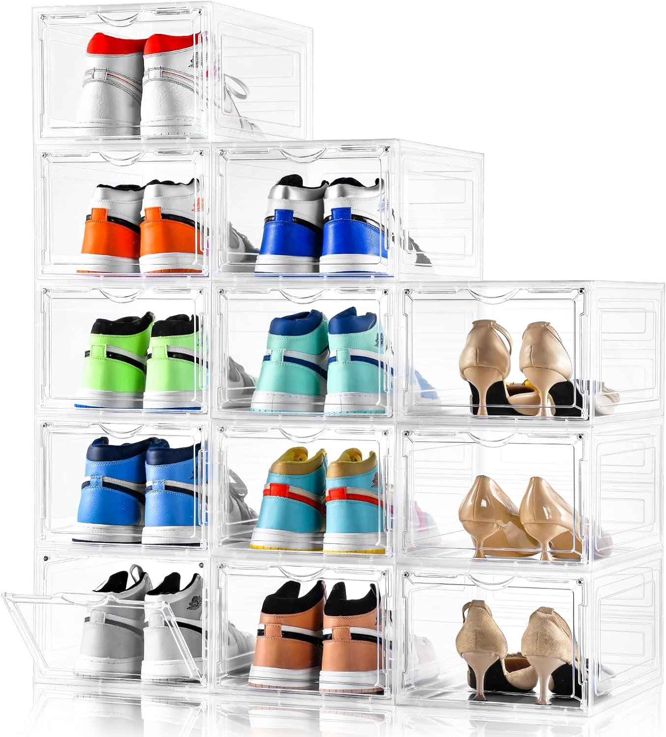 These shoe boxes are the best thing ever! Easy to snap together, sturdy, clear, stackable boxes with magnetic doors. My husband has so many pairs of running shoes and these boxes allow us to store them neatly in the garage!
