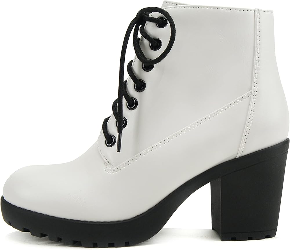 Soda Second Lug Sole Chunky Heel Combat Ankle Bootie Lace up w/Side Zipper