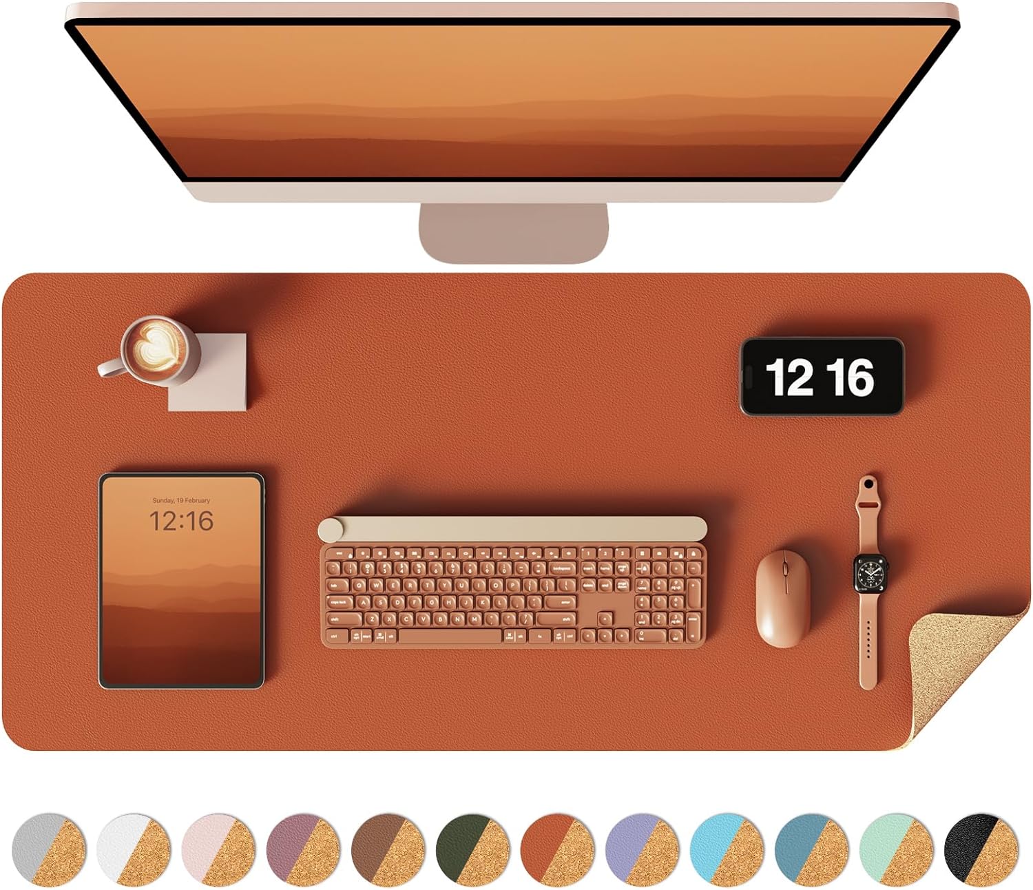 YSAGi Double-Sided Desk Pad, 35.4"x17"Leather Desk Mat, Eco Cork Desk Pad Protector,Large Mouse Pad,Waterproof Desk Blotter for Office/Home(Orange)