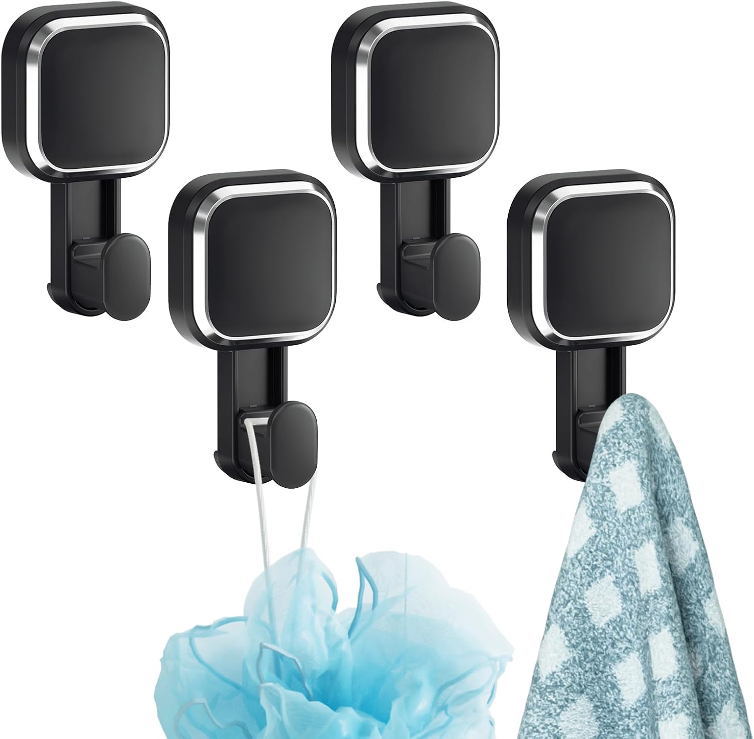 TAILI Heavy Duty Suction Cup Shower Hooks 4 Pack, Damage-Free Hanging Shower Hangers for Inside Shower Wall, Powerful Vacuum Suction Towel Hook, Loofah Holder, Easy to Install and Remove, Black