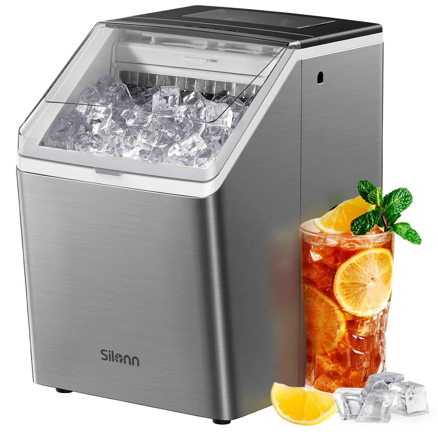 Silonn Ice Makers Countertop, 44lbs Per Day, 2 Ways to Add Water, Auto Self-Cleaning, Stainless Steel Ice Machine for Home Office Bar Party