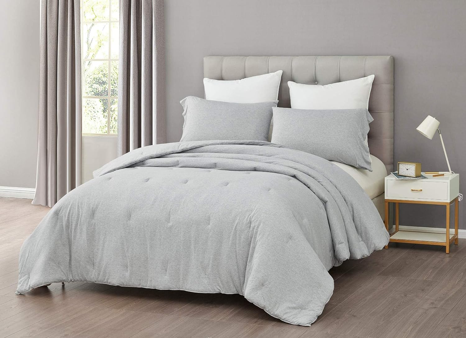 Chezmoi Collection Asher 3-Piece Heather Jersey Knit Cotton Comforter Set - Solid Reversible Lightweight Super Soft and Breathable Bedding Set (Full, Gray)