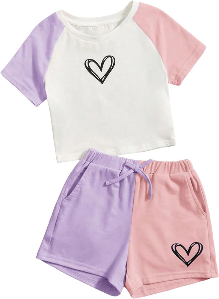 SOLY HUX Girl's Colorblock Heart Print Raglan Short Sleeve T Shirt and Shorts 2 Piece Summer Outfit