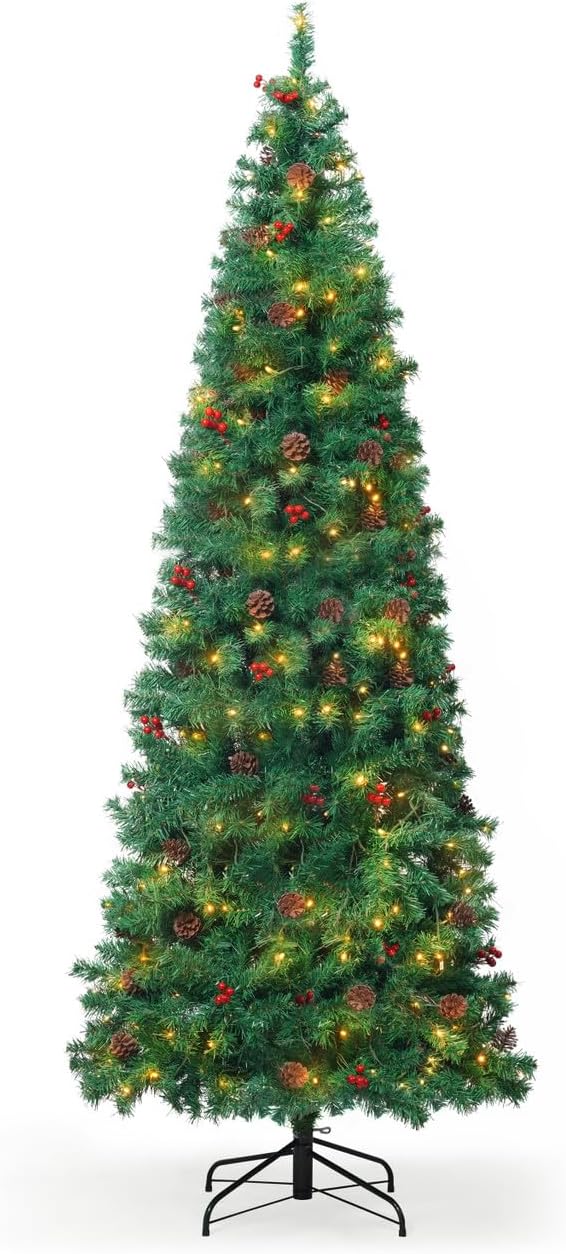 CAPHAUS 7.5 Feet Artificial Pre-lit Pencil Christmas Tree w/Pinecones, Berries, Slim Xmas Tree w/ 350 LED Lights, 980 Branch Tips Pre-Hinged & Foldable Stand, Skinny Christmas Tree for Indoor