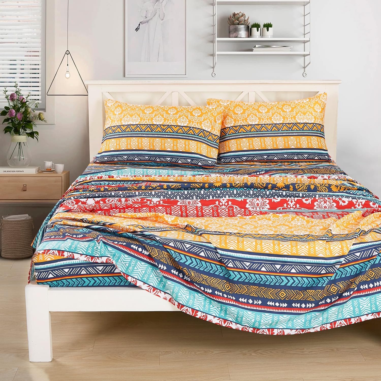 Chezmoi Collection Amara 4-Piece Boho Stripe Bed Sheet Set - Floral Colorful Bohemian Printed Brushed Microfiber Wrinkle Resistant & Fade Resistant 14-Inches Deep Pocket Sheets & Pillowcases, Queen