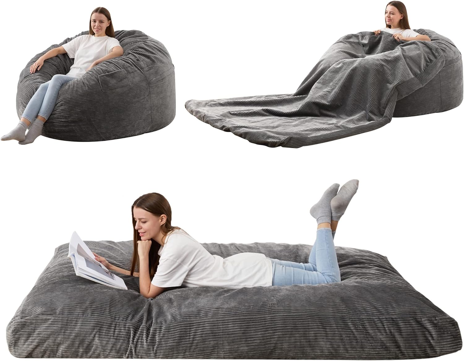 HABUTWAY Bean Bag Chair, Giant Bean Bag Chair with Washable Corduroy Cover Ultra Soft, Convertible Bean Bag from Chair to Mattress, Huge Cordoroys Bean Bags for Adult, Couples, Family- Grey Full